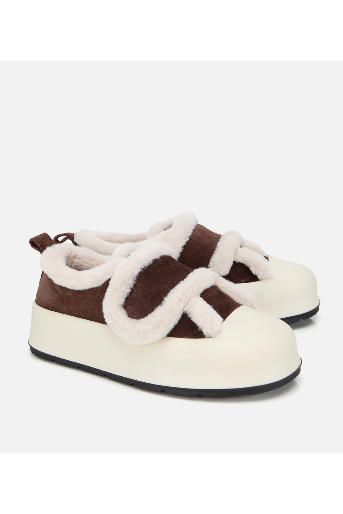 Kadın Süet Deri Kahverengi İçi Kürklü Kalın Bantlı Spor Ayakkabı - Görsel 2