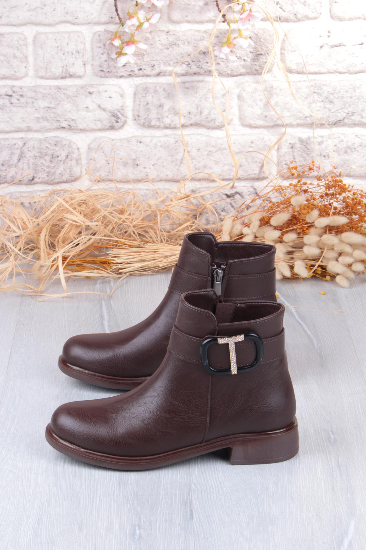 906233 Toka Detaylı Lastik Taban Fermuarlı Kadın Bot - Görsel 5