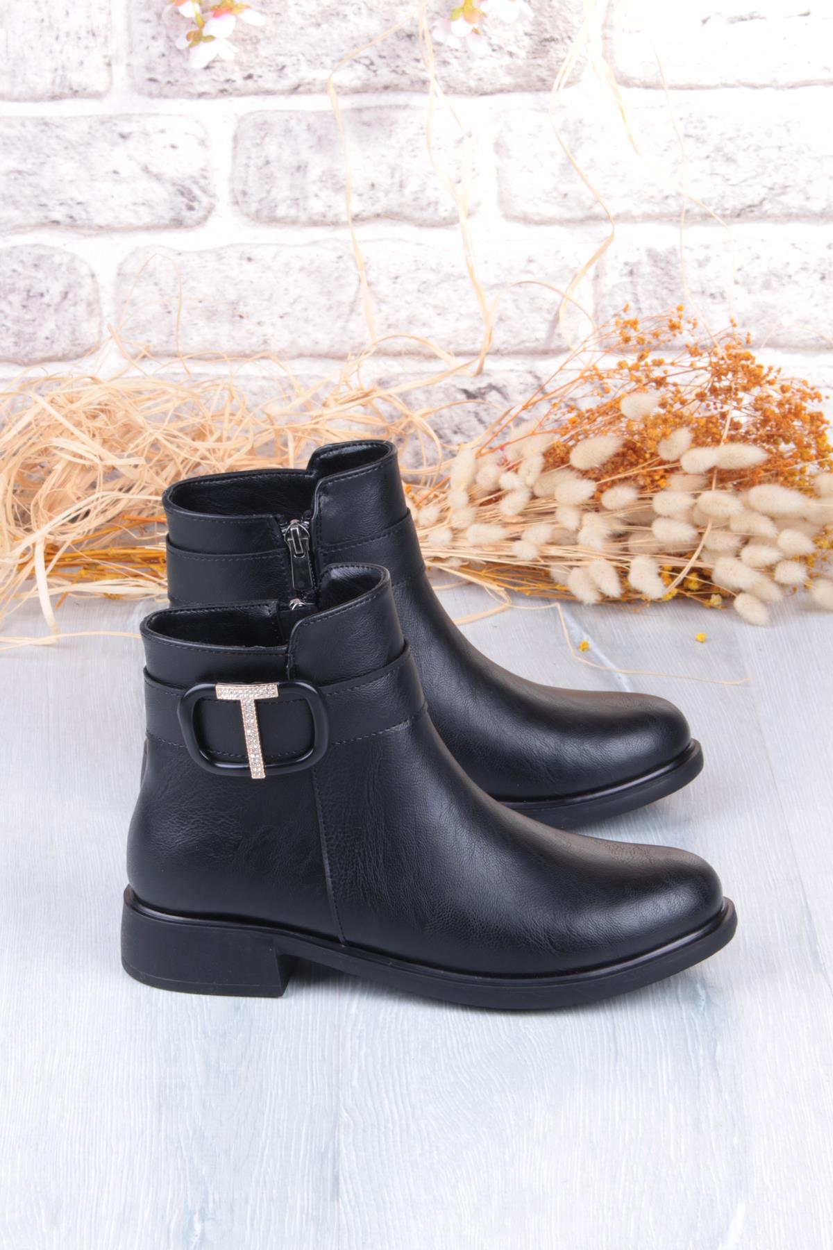 906233 Toka Detaylı Lastik Taban Fermuarlı Kadın Bot - Görsel 6