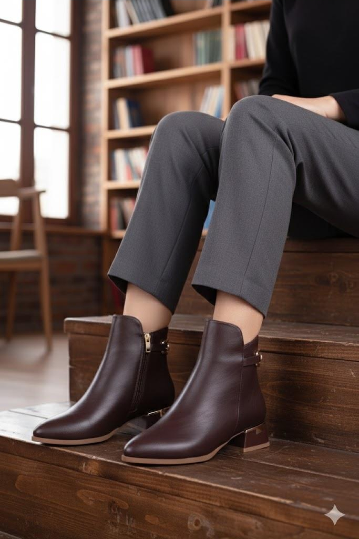 573102 Toka Detaylı Burnu Sivri 3 Cm Kalın Topuk Fermuarlı Kadın Bot - Görsel 2
