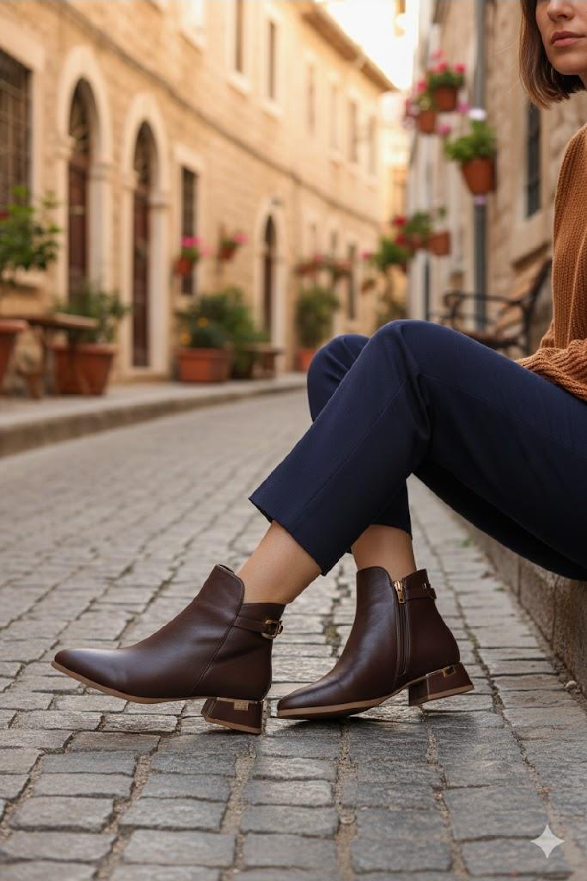 573102 Toka Detaylı Burnu Sivri 3 Cm Kalın Topuk Fermuarlı Kadın Bot - Görsel 3