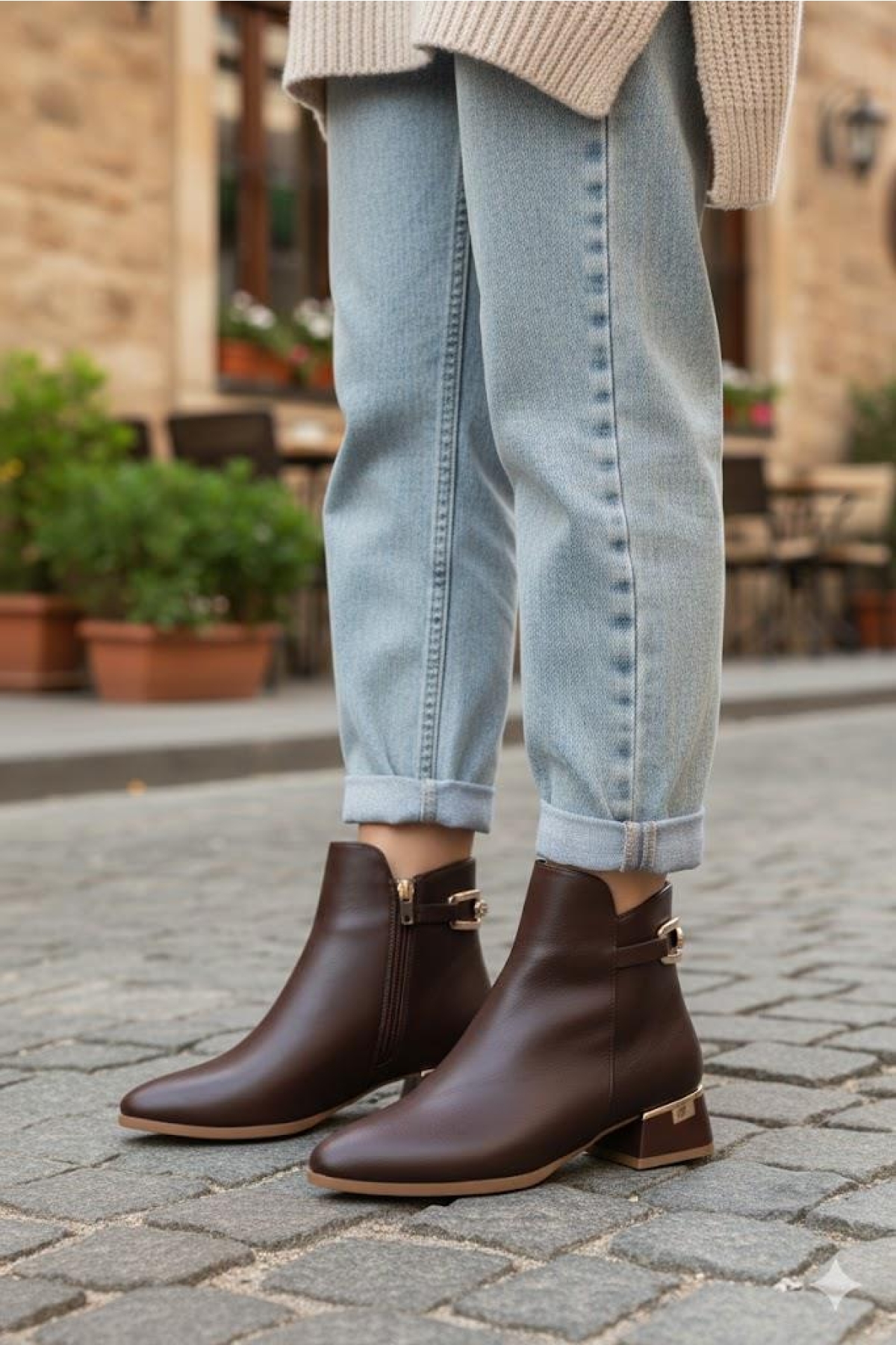 573102 Toka Detaylı Burnu Sivri 3 Cm Kalın Topuk Fermuarlı Kadın Bot - Görsel 7