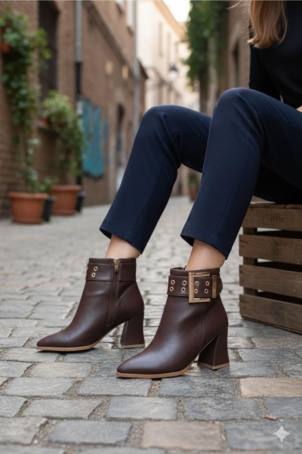 573200 Toka Detaylı Burnu Sivri 7 Cm KalınTopuk Fermuarlı Kadın Bot - Görsel 2
