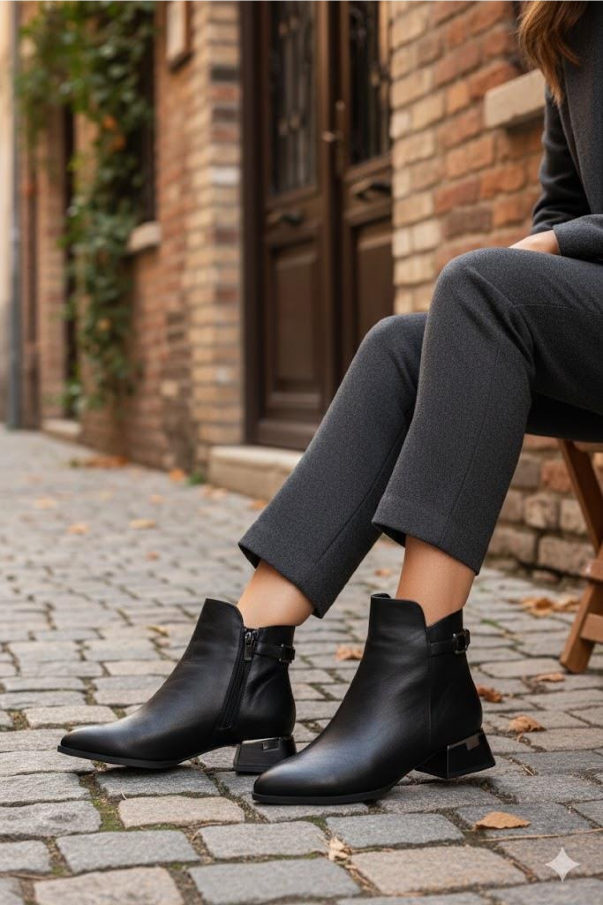 573102 Toka Detaylı Burnu Sivri 3 Cm Kalın Topuk Fermuarlı Kadın Bot - Görsel 2