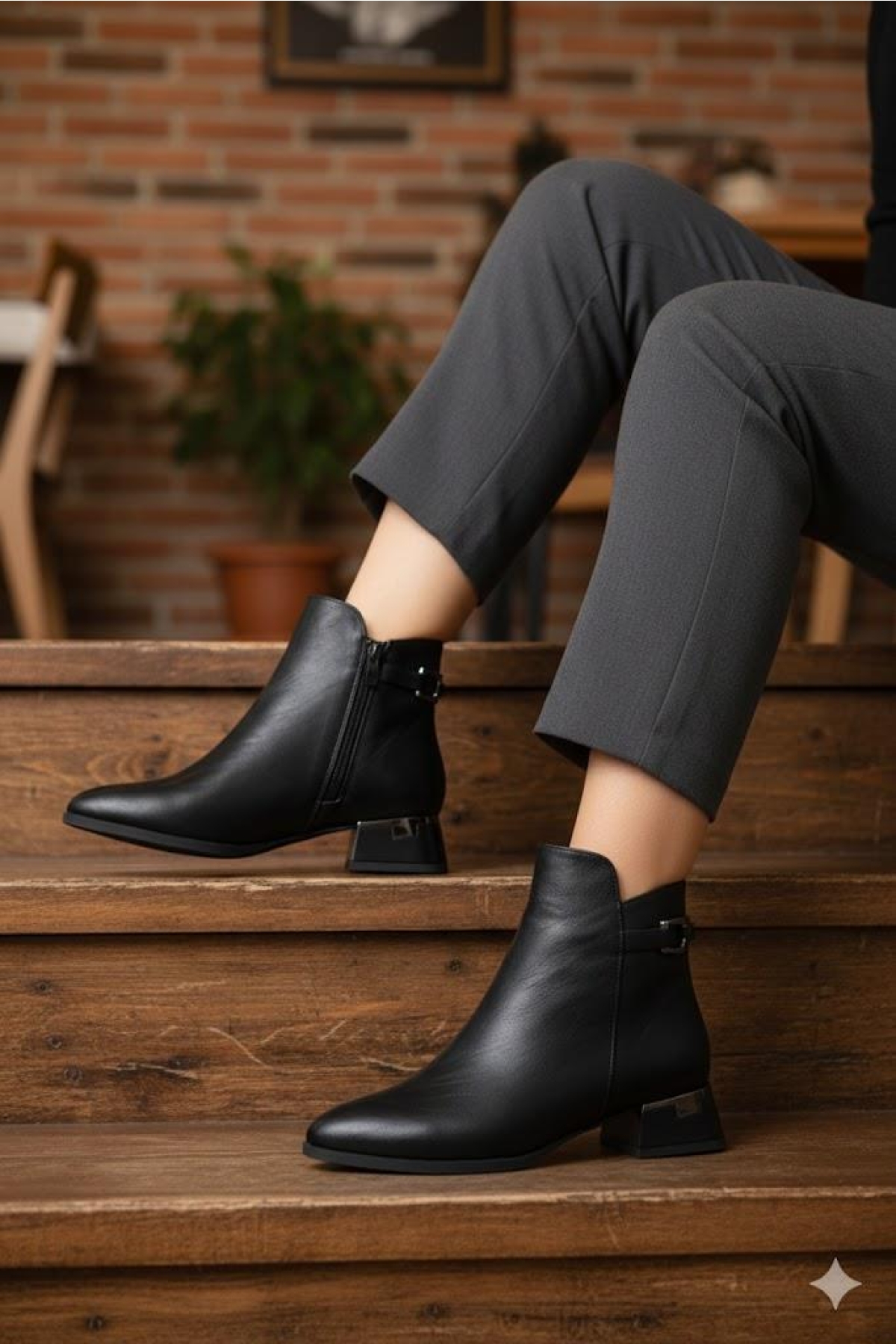 573102 Toka Detaylı Burnu Sivri 3 Cm Kalın Topuk Fermuarlı Kadın Bot - Görsel 3