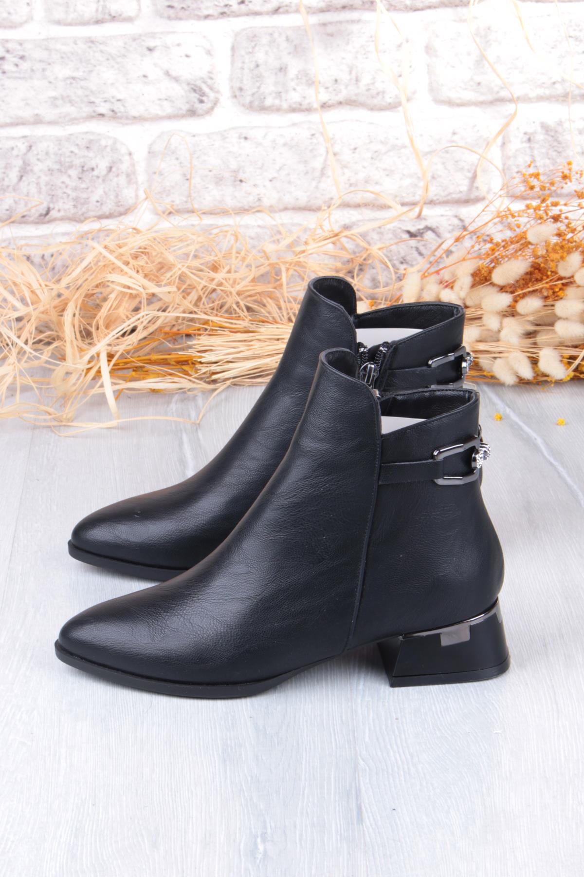 573102 Toka Detaylı Burnu Sivri 3 Cm Kalın Topuk Fermuarlı Kadın Bot - Görsel 7