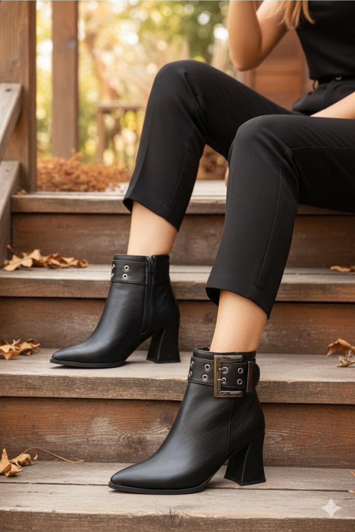 573200 Toka Detaylı Burnu Sivri 7 Cm KalınTopuk Fermuarlı Kadın Bot - Görsel 3