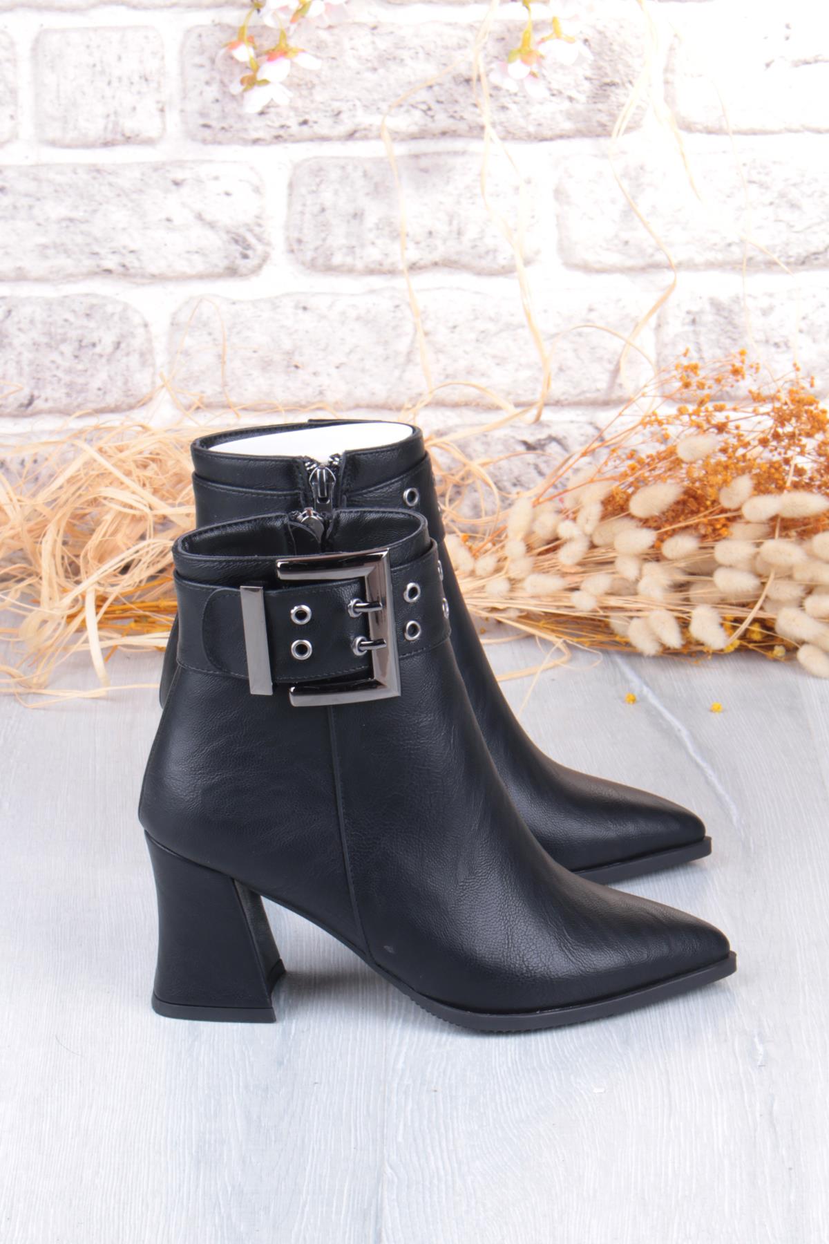 573200 Toka Detaylı Burnu Sivri 7 Cm KalınTopuk Fermuarlı Kadın Bot - Görsel 5