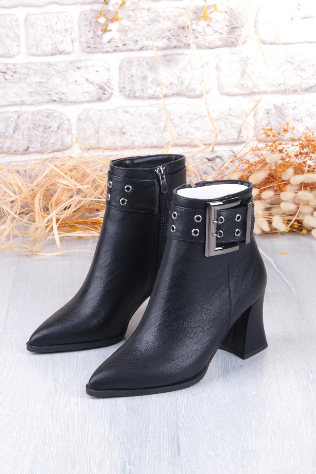 573200 Toka Detaylı Burnu Sivri 7 Cm KalınTopuk Fermuarlı Kadın Bot - Görsel 7