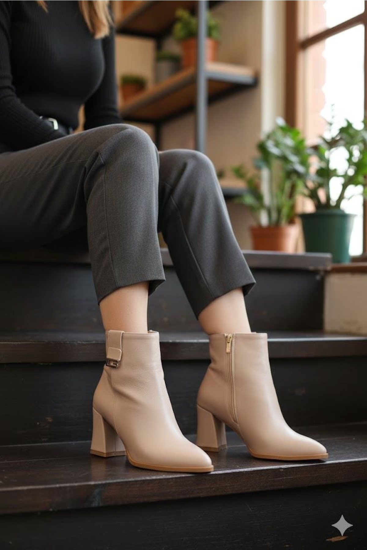 573205 Toka Detaylı Burnu Sivri 7 Cm KalınTopuk Fermuarlı Kadın Bot