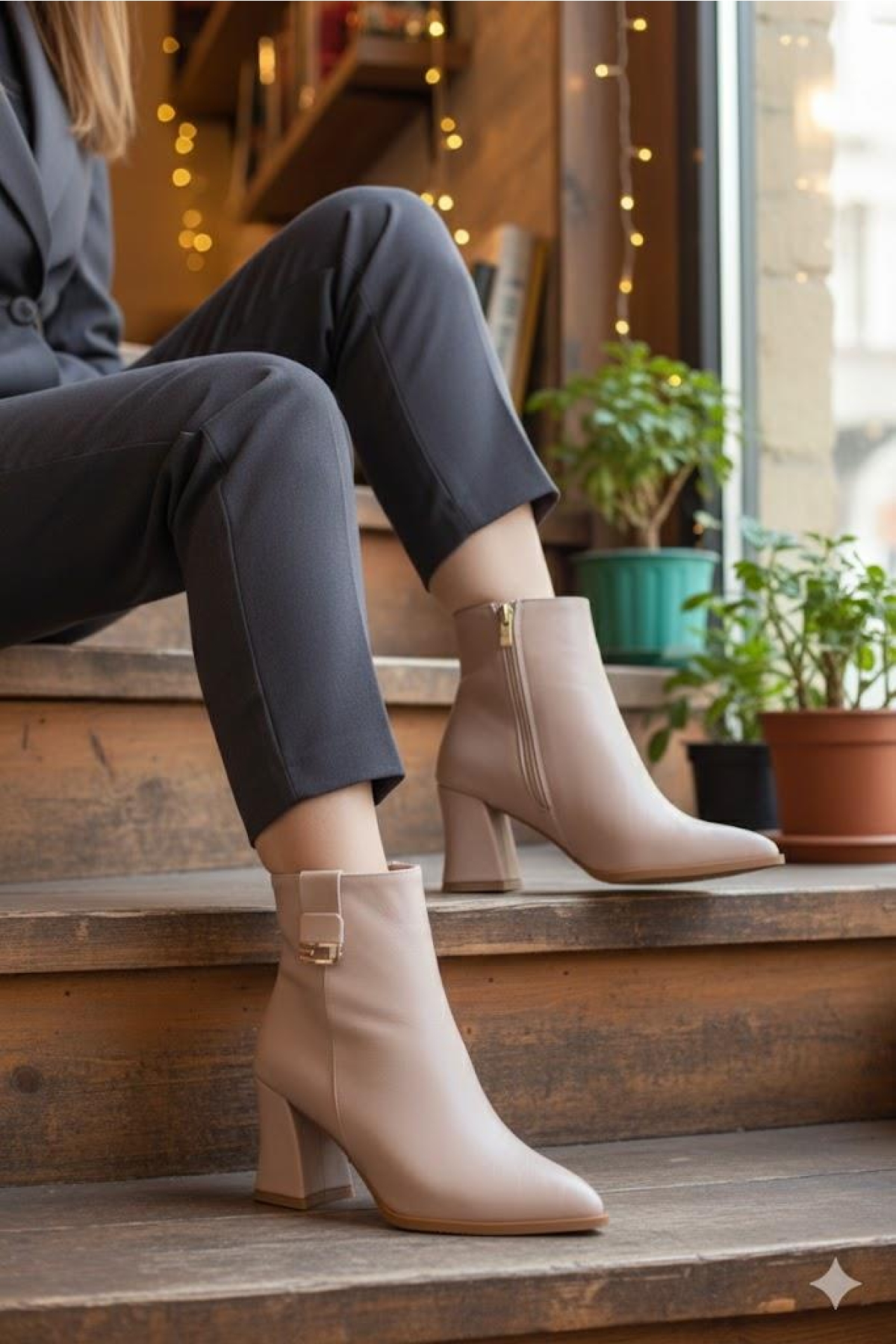 573205 Toka Detaylı Burnu Sivri 7 Cm KalınTopuk Fermuarlı Kadın Bot - Görsel 2