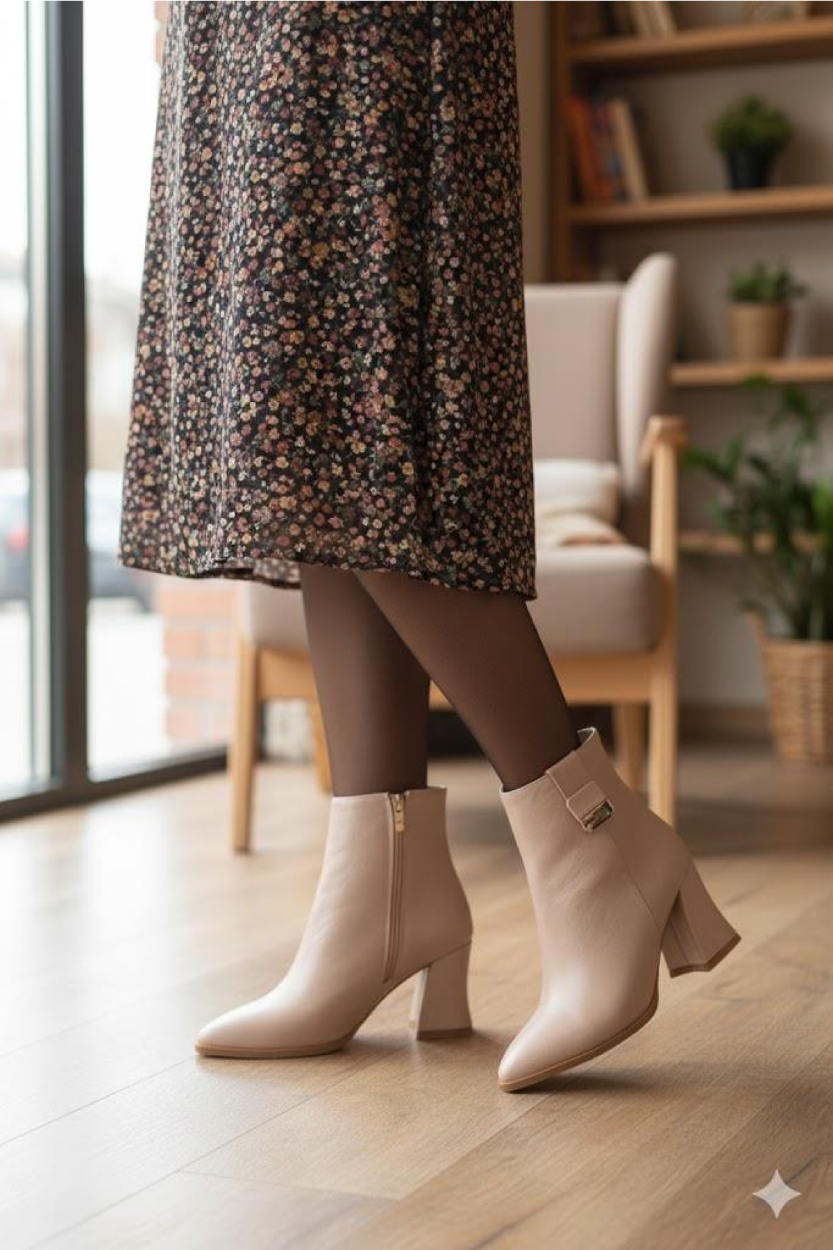 573205 Toka Detaylı Burnu Sivri 7 Cm KalınTopuk Fermuarlı Kadın Bot - Görsel 6