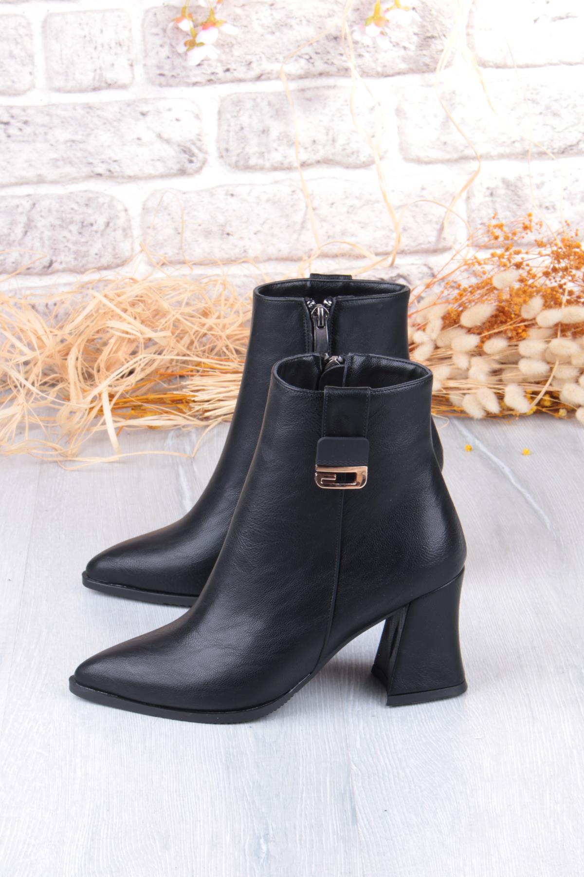 573205 Toka Detaylı Burnu Sivri 7 Cm KalınTopuk Fermuarlı Kadın Bot - Görsel 5