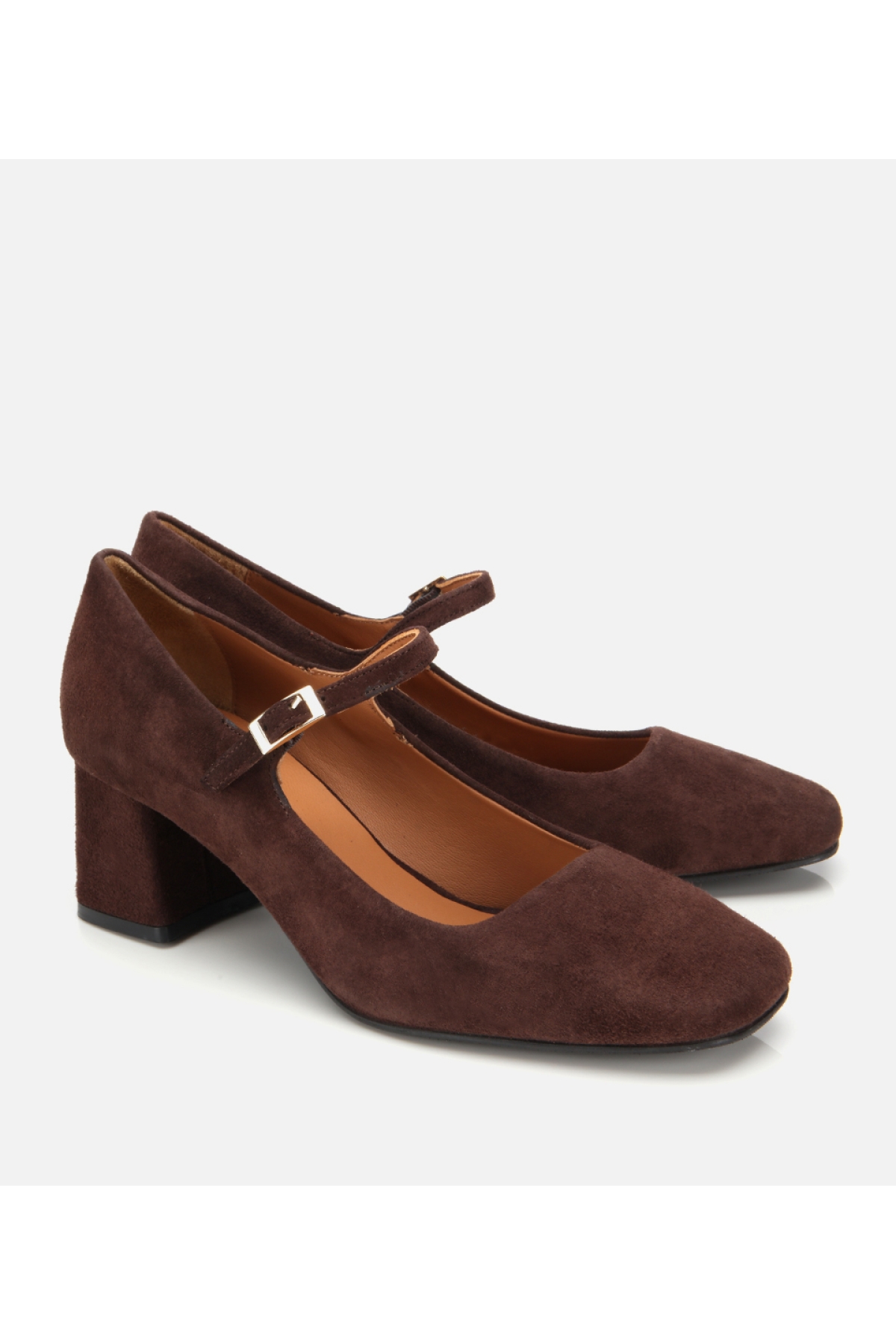 Kadın Süet Deri Mary Jane Kahverengi Kalın Topuklu Ayakkabı - Görsel 3
