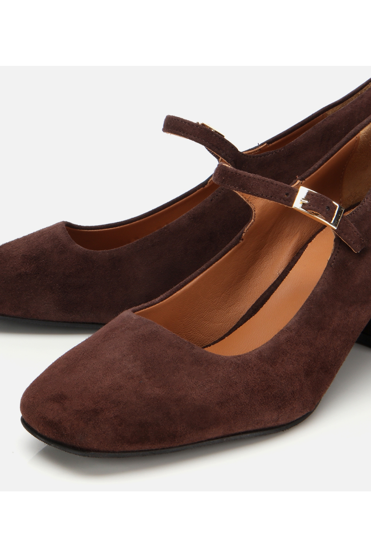 Kadın Süet Deri Mary Jane Kahverengi Kalın Topuklu Ayakkabı - Görsel 4