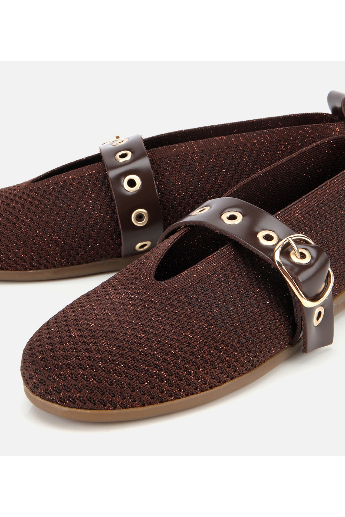 Kadın Kahverengi Örgü Detaylı Mary Jane Kemerli Babet - Görsel 3