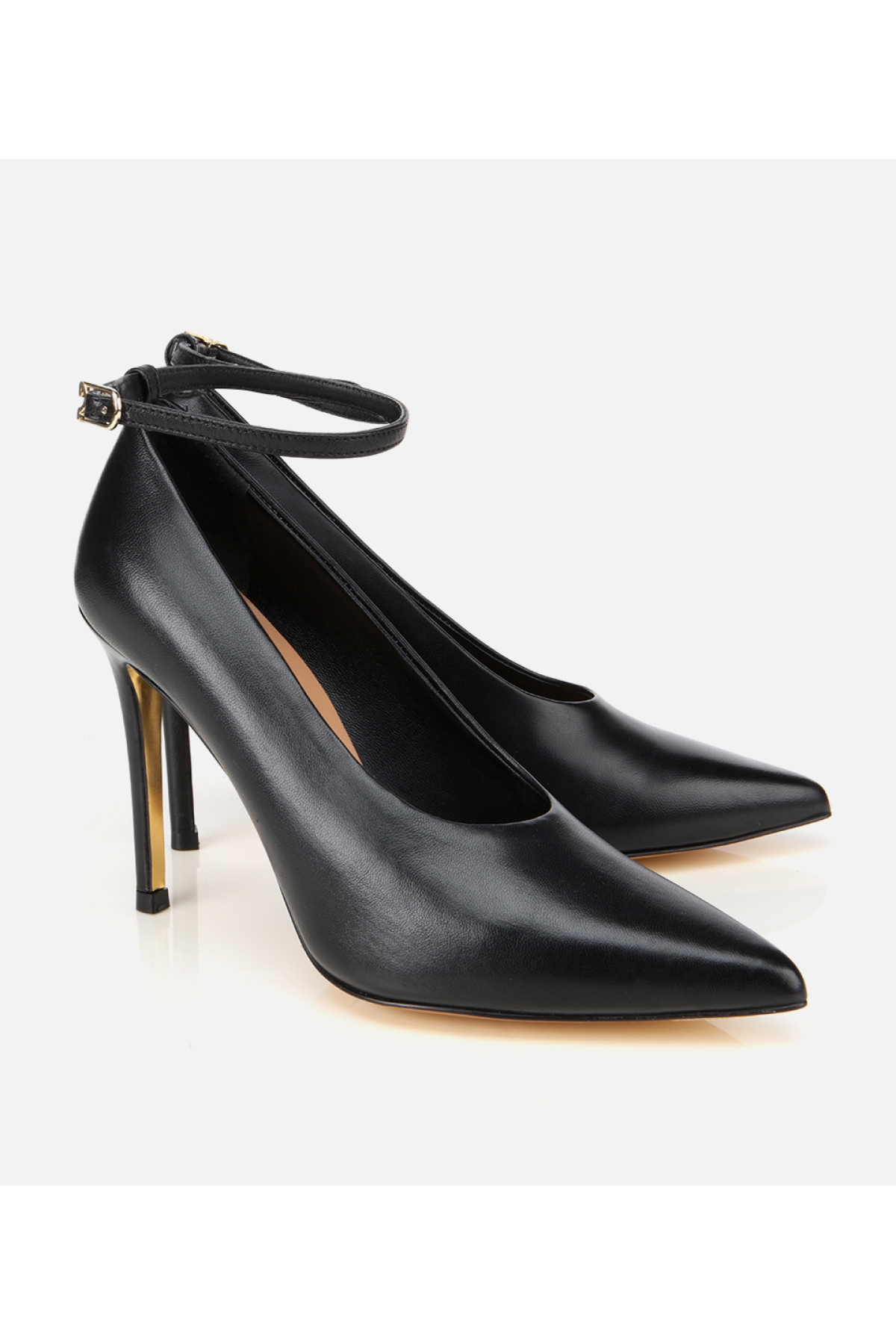 Kadın Deri Siyah Bilekten Bağlamalı Gold Detaylı Yüksek Topuklu Stiletto - Görsel 2