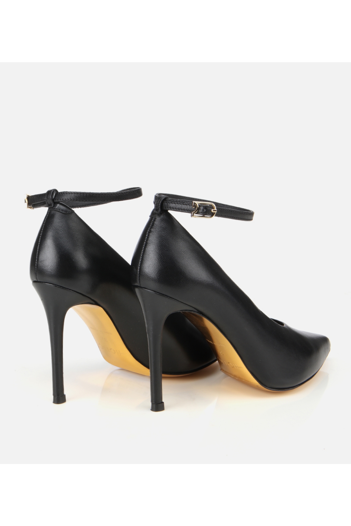Kadın Deri Siyah Bilekten Bağlamalı Gold Detaylı Yüksek Topuklu Stiletto - Görsel 4