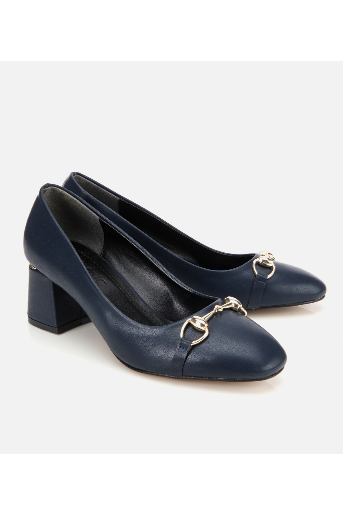 Kadın Lacivert Gold Tokalı Kalın Topuklu Ayakkabı - Görsel 2