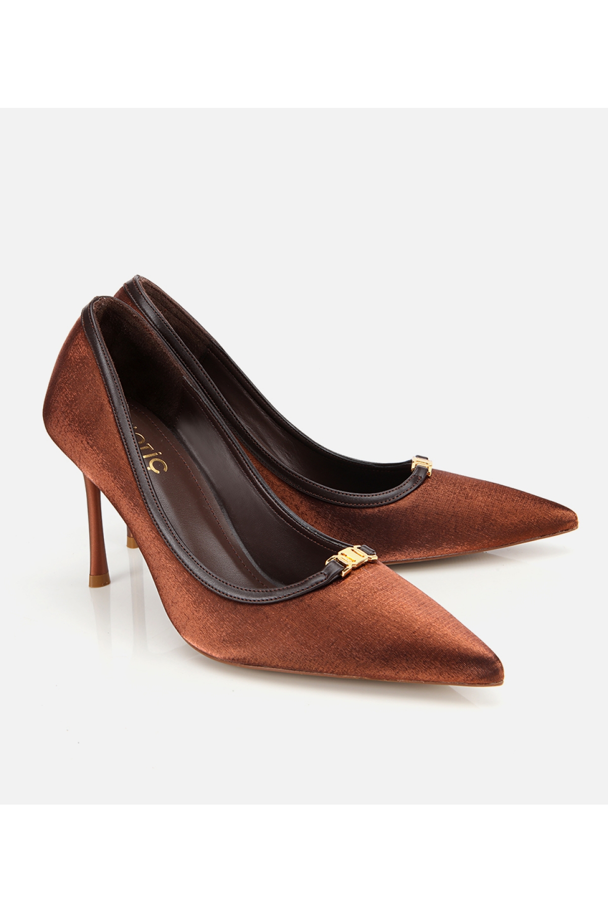 Kadın Saten Açık Kahverengi Gold Detaylı Yüksek Topuklu Stiletto - Görsel 2