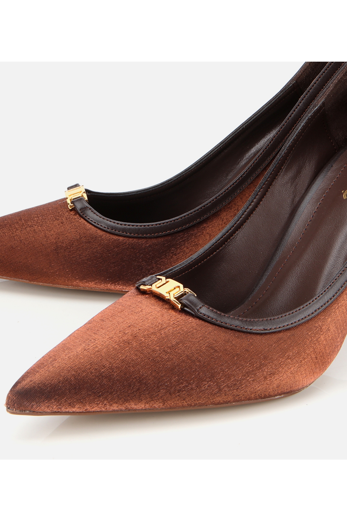 Kadın Saten Açık Kahverengi Gold Detaylı Yüksek Topuklu Stiletto - Görsel 3