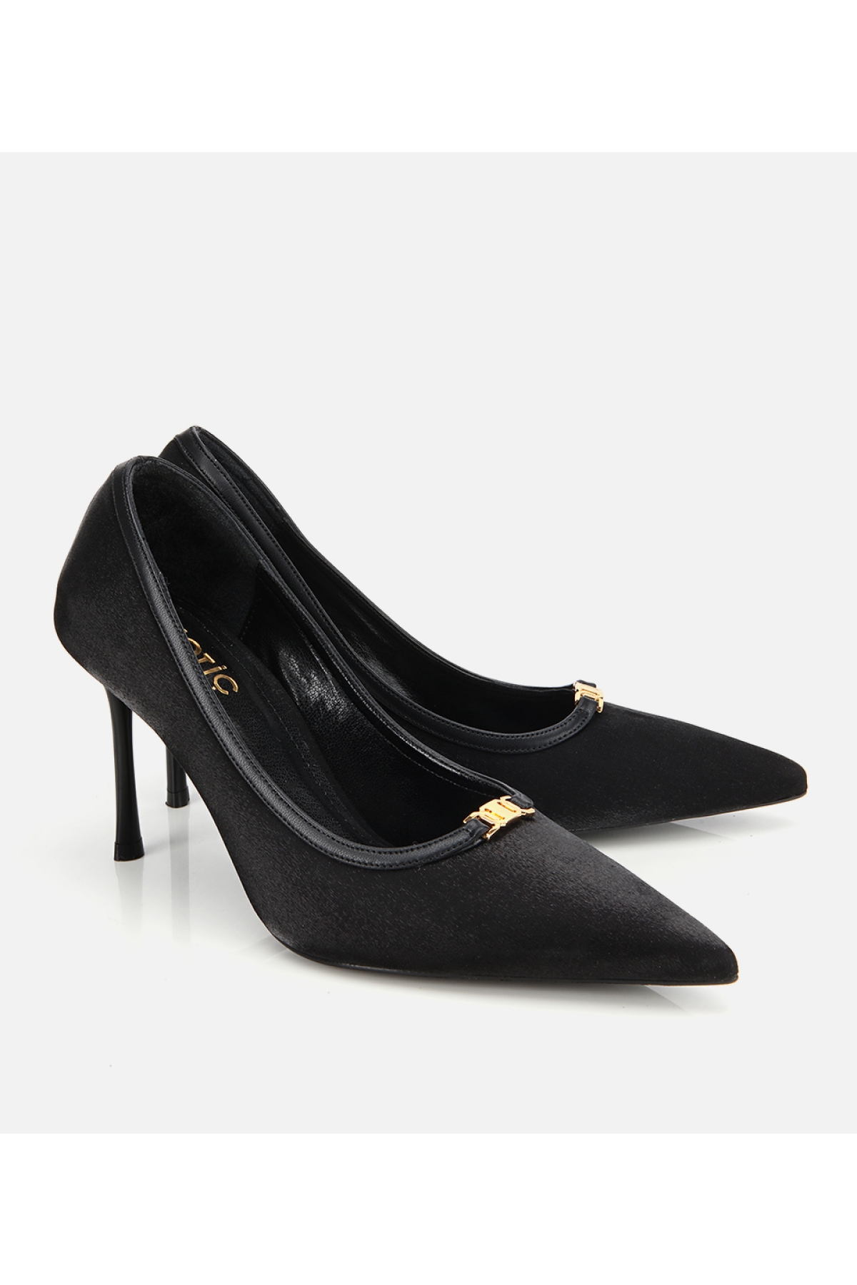 Kadın Saten Siyah Gold Detaylı Yüksek Topuklu Stiletto - Görsel 2