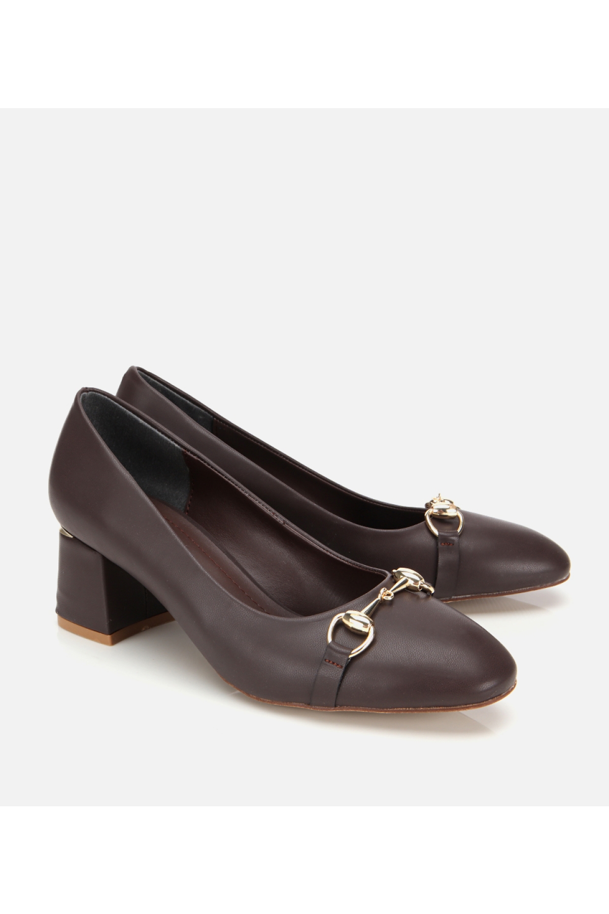 Kadın Kahverengi Gold Tokalı Kalın Topuklu Ayakkabı - Görsel 2