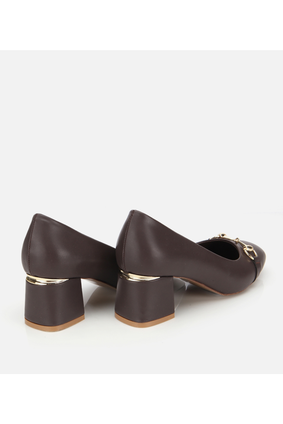 Kadın Kahverengi Gold Tokalı Kalın Topuklu Ayakkabı - Görsel 4