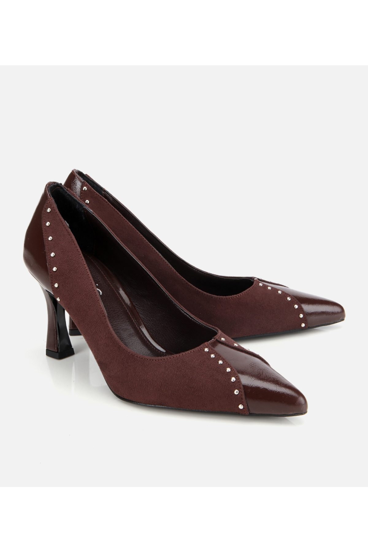 Kadın Süet Kahverengi Taşlı İnce Topuklu Stiletto - Görsel 2