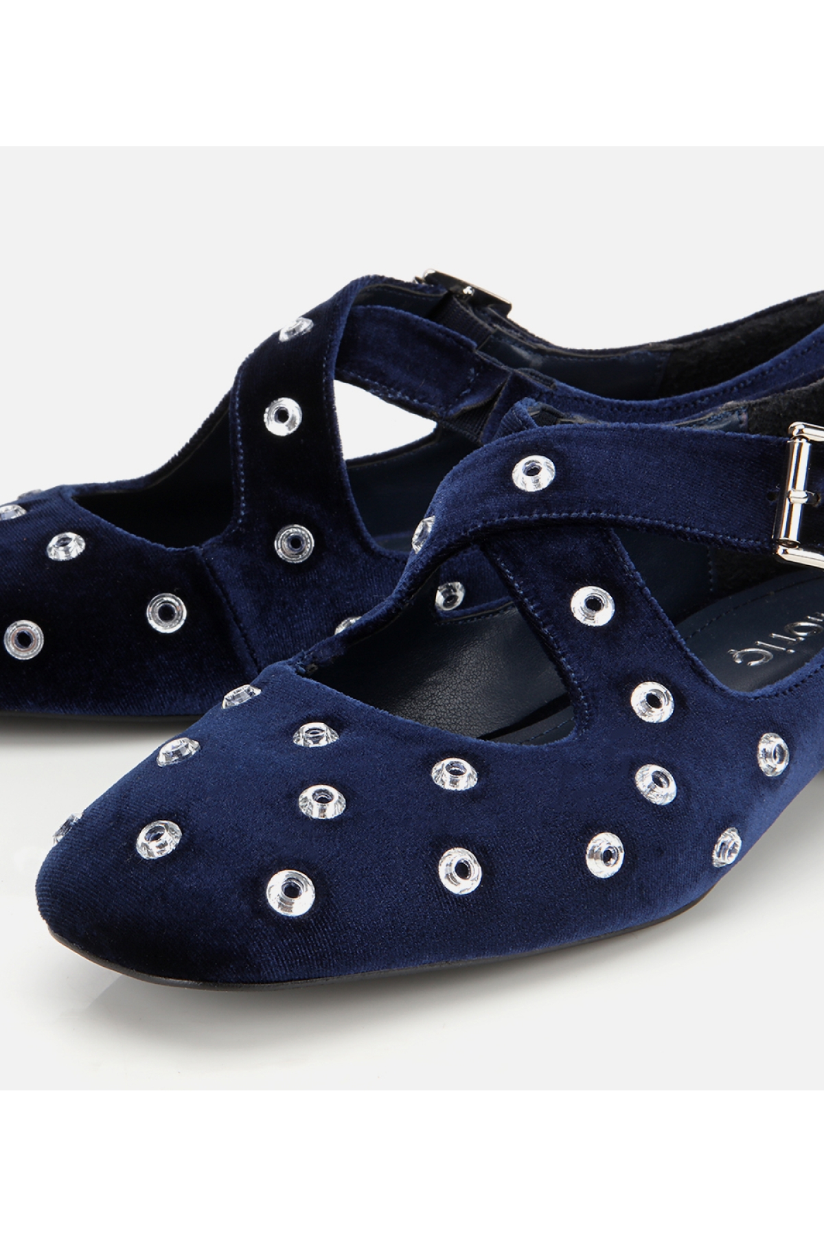 Kadın Lacivert Kadife Taşlı Çapraz Bantlı Babet - Görsel 3