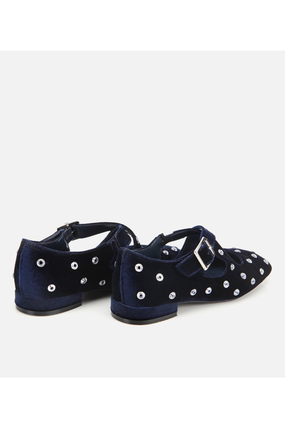 Kadın Lacivert Kadife Taşlı Çapraz Bantlı Babet - Görsel 4