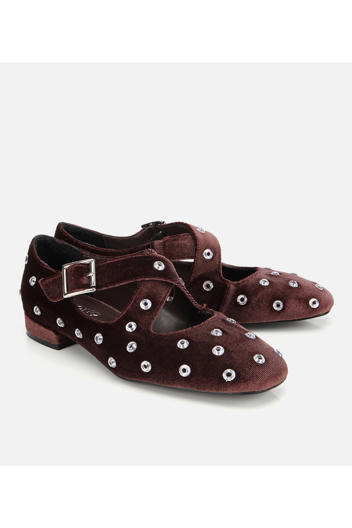 Kadın Kahverengi Kadife Taşlı Çapraz Bantlı Babet - Görsel 2