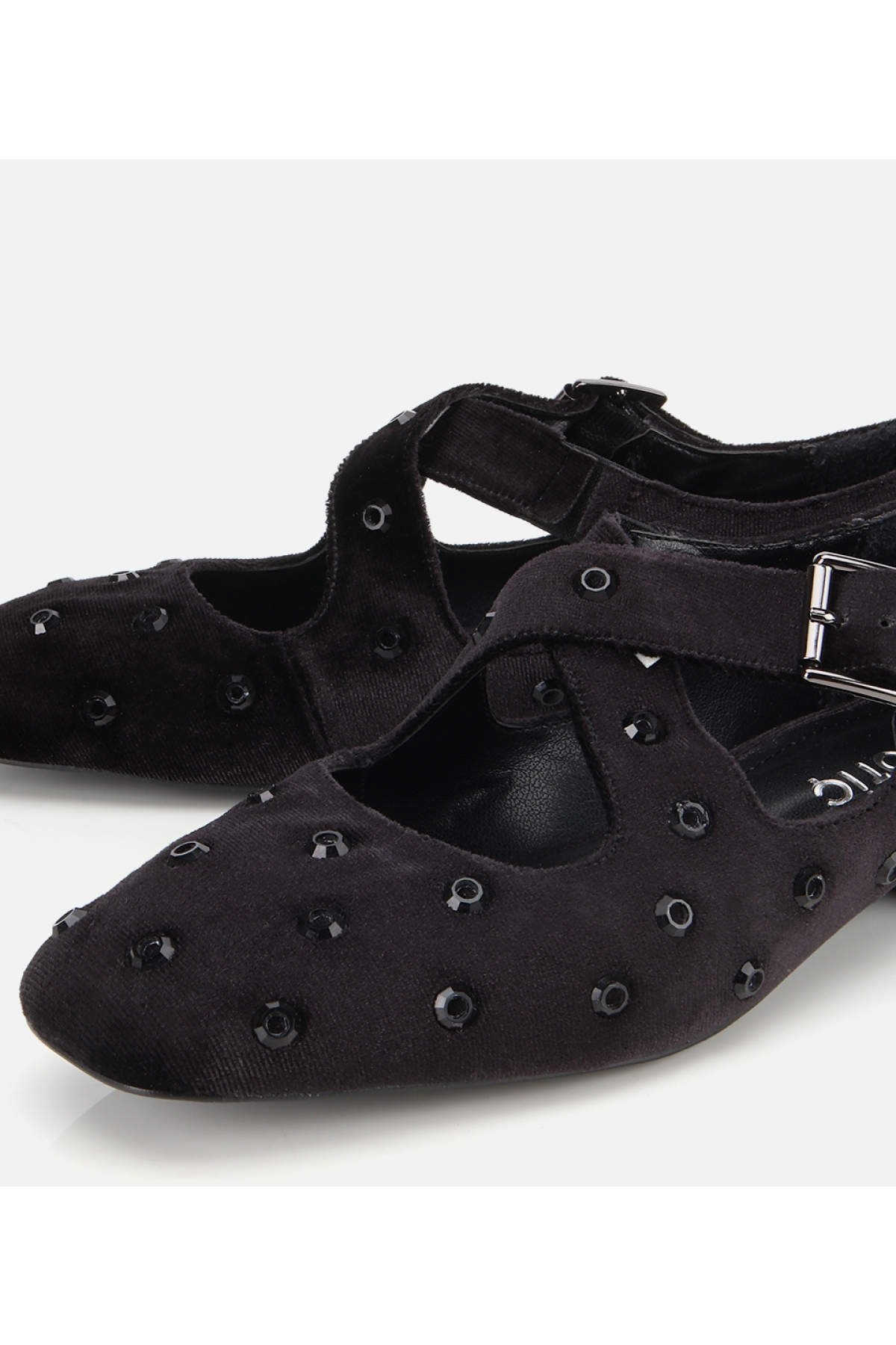 Kadın Siyah Kadife Taşlı Çapraz Bantlı Babet - Görsel 3