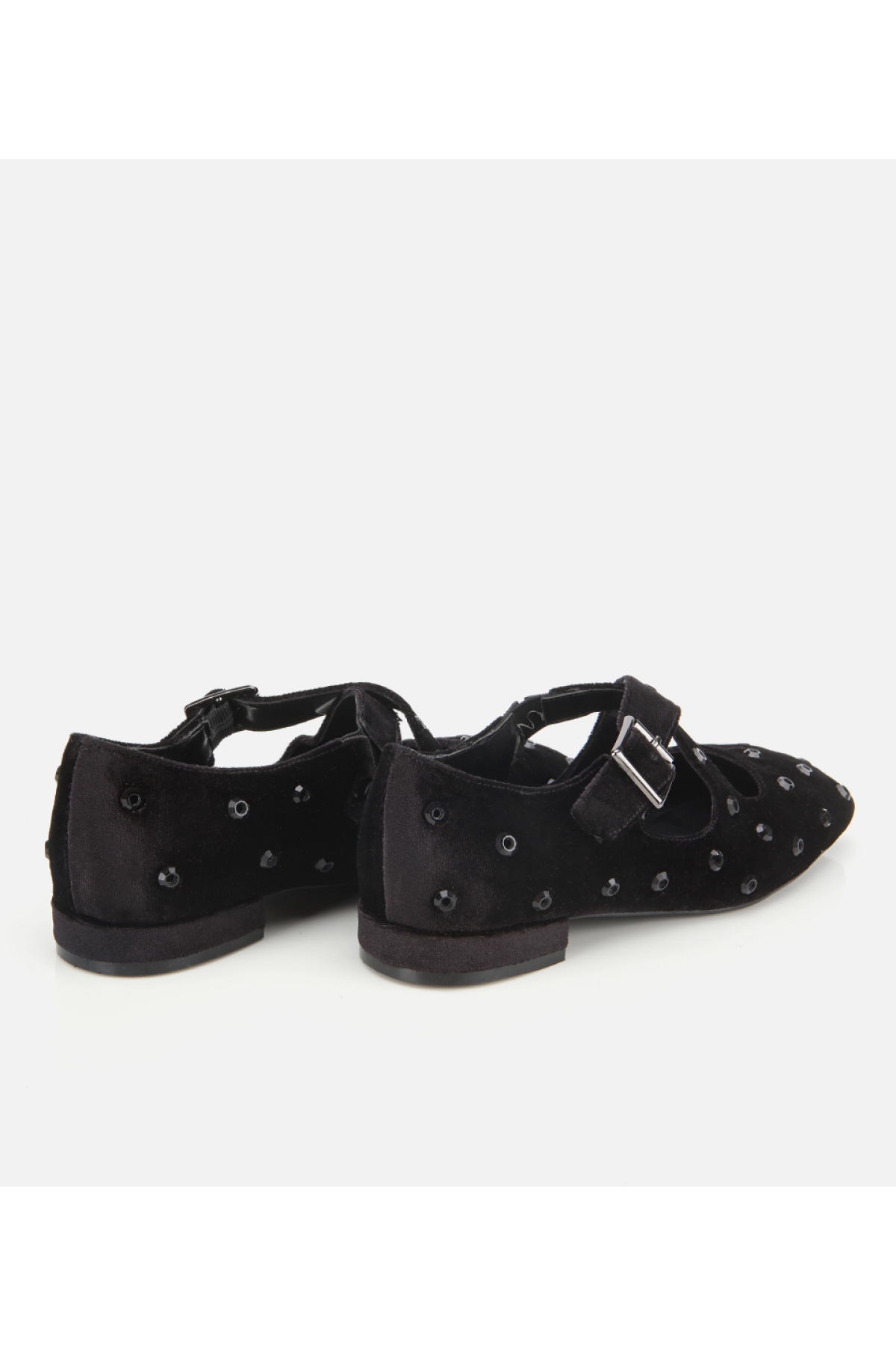 Kadın Siyah Kadife Taşlı Çapraz Bantlı Babet - Görsel 4