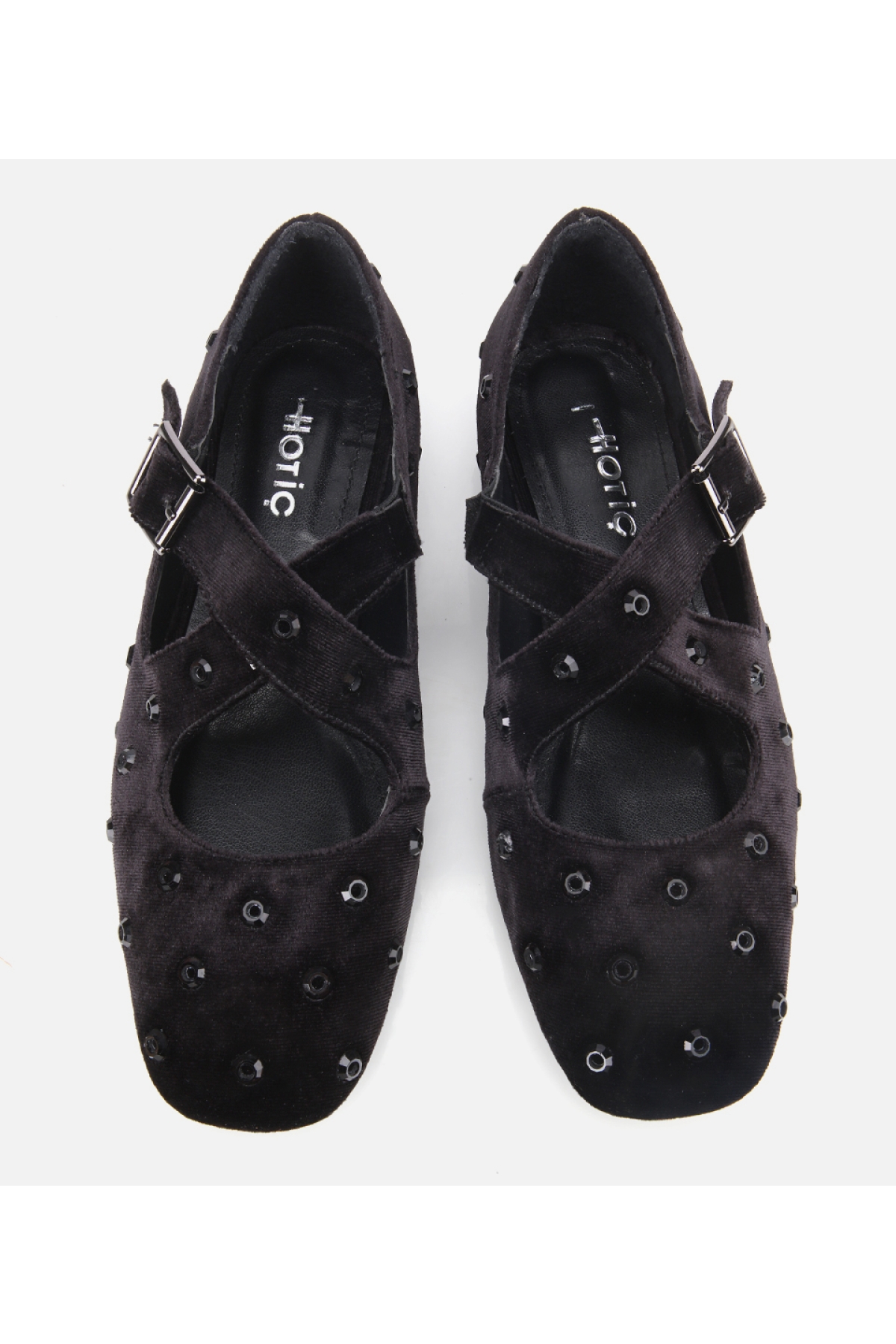 Kadın Siyah Kadife Taşlı Çapraz Bantlı Babet - Görsel 6