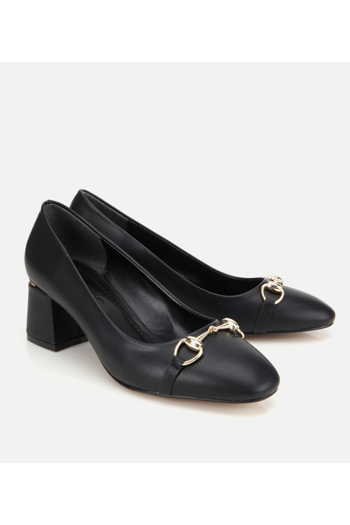 Kadın Siyah Gold Tokalı Kalın Topuklu Ayakkabı - Görsel 2