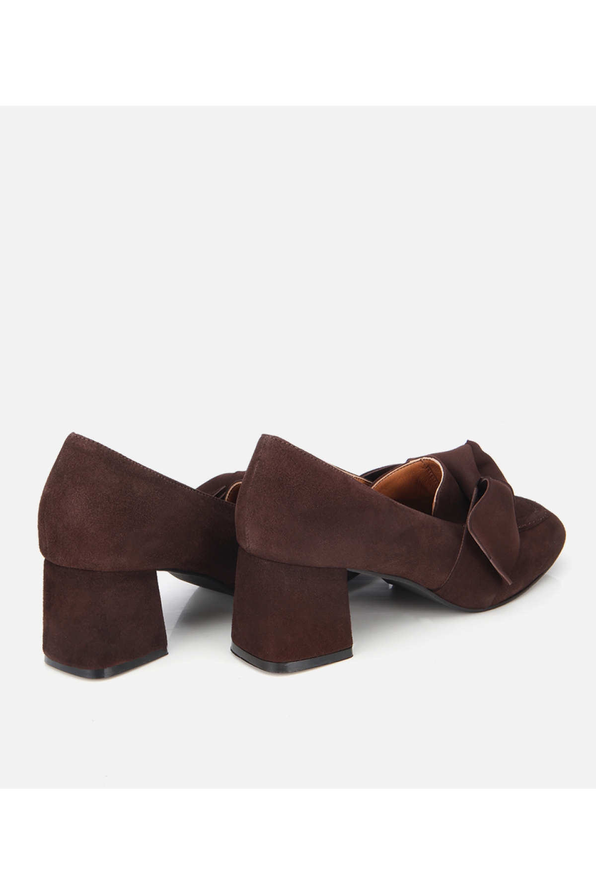 Kadın Süet Kahverengi Fiyonk Detaylı Kalın Topuklu Ayakkabı - Görsel 4