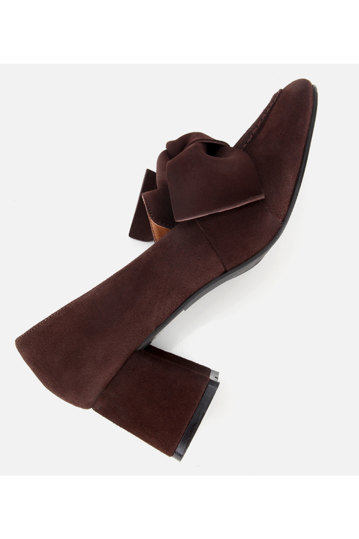 Kadın Süet Kahverengi Fiyonk Detaylı Kalın Topuklu Ayakkabı - Görsel 6