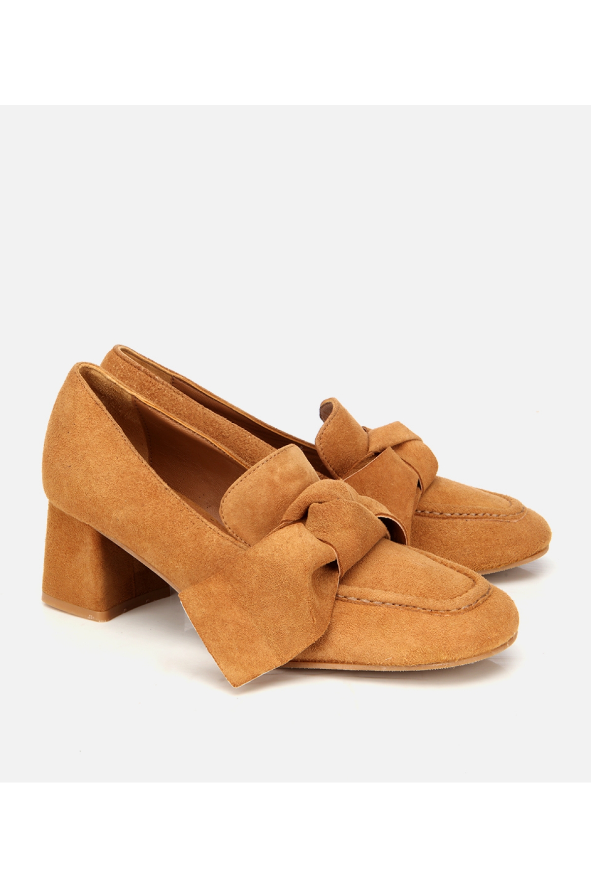 Kadın Süet Taba Fiyonk Detaylı Kalın Topuklu Ayakkabı - Görsel 2