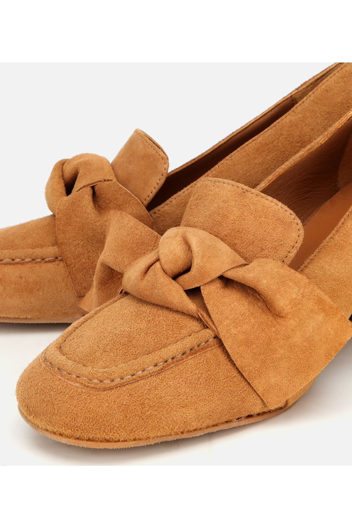 Kadın Süet Taba Fiyonk Detaylı Kalın Topuklu Ayakkabı - Görsel 3