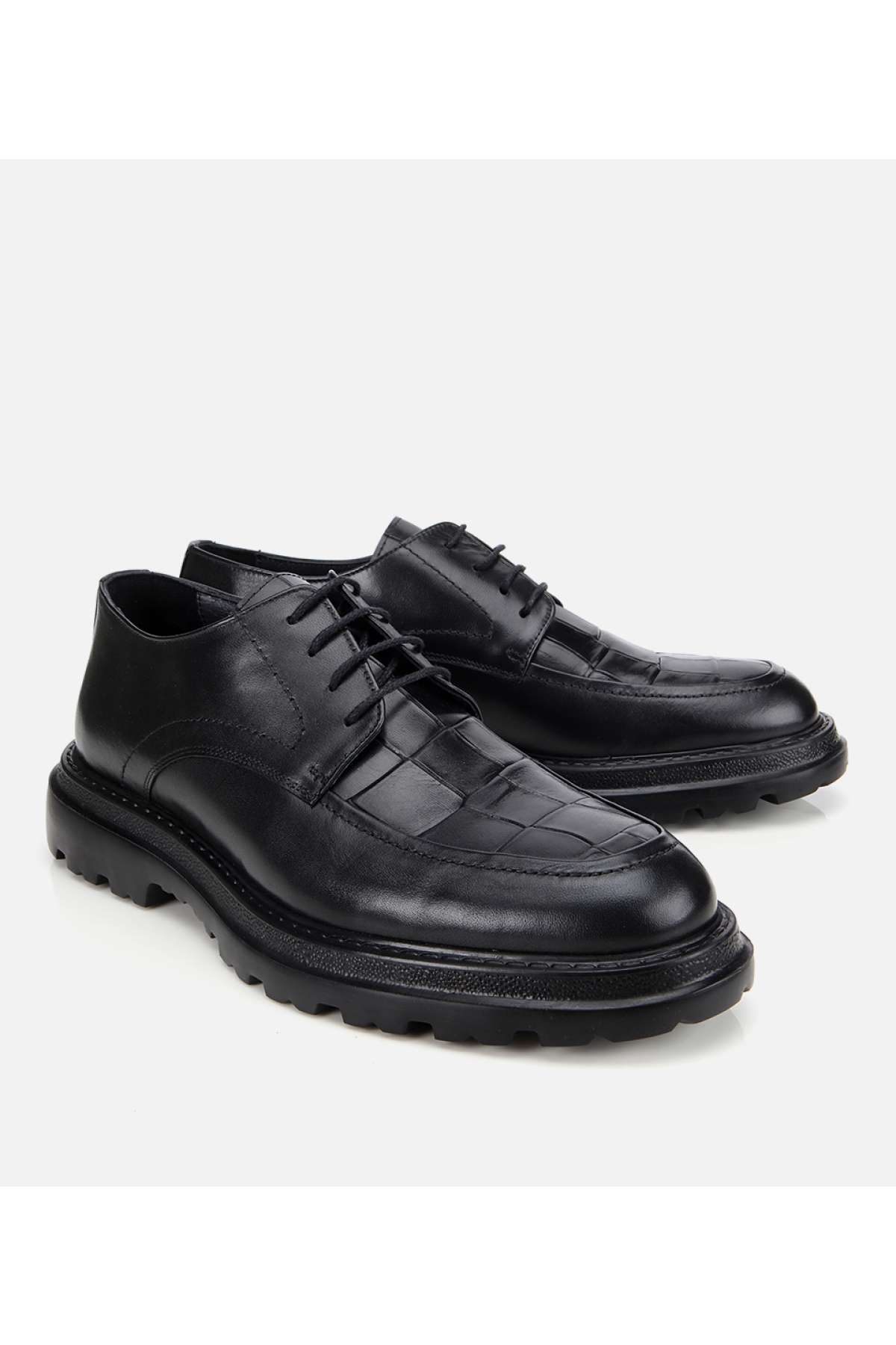 Erkek Kroko Deri Siyah Yüksek Tabanlı Klasik Ayakkabı - Görsel 2
