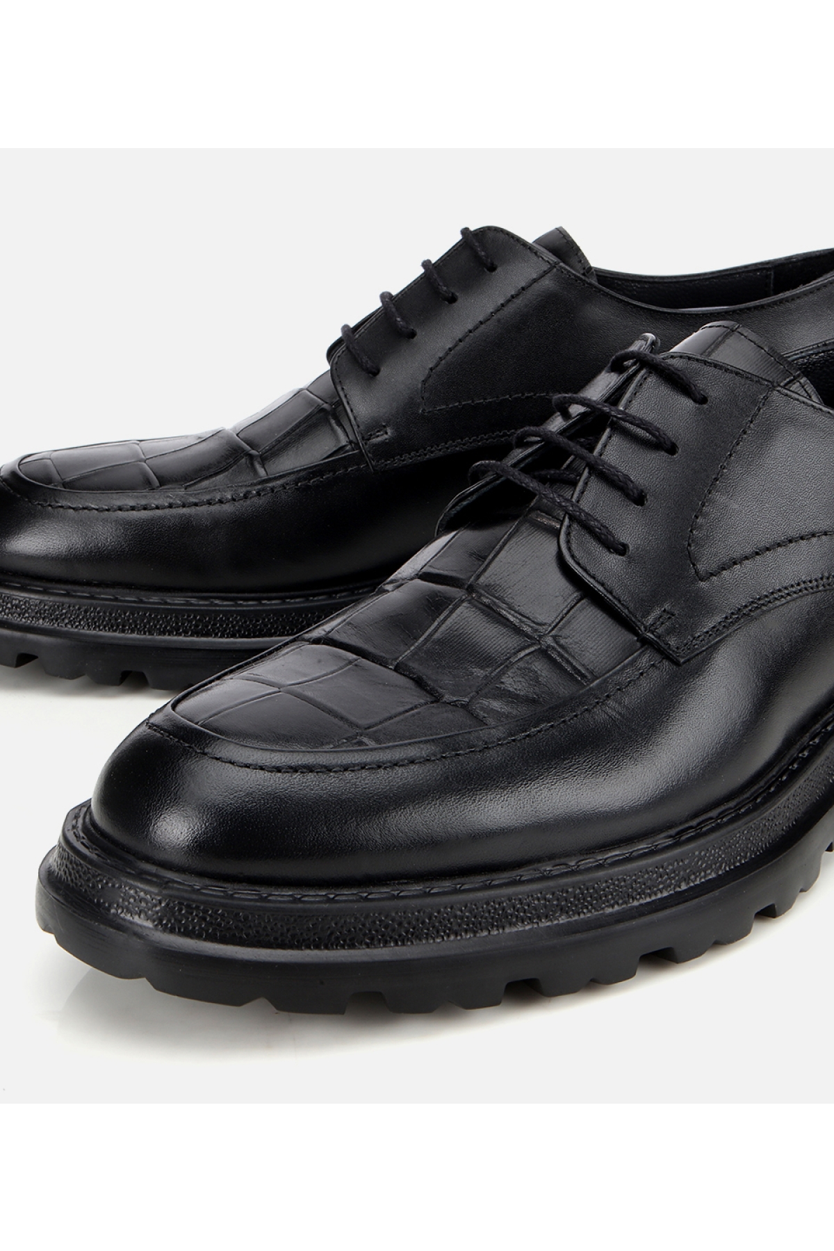 Erkek Kroko Deri Siyah Yüksek Tabanlı Klasik Ayakkabı - Görsel 3