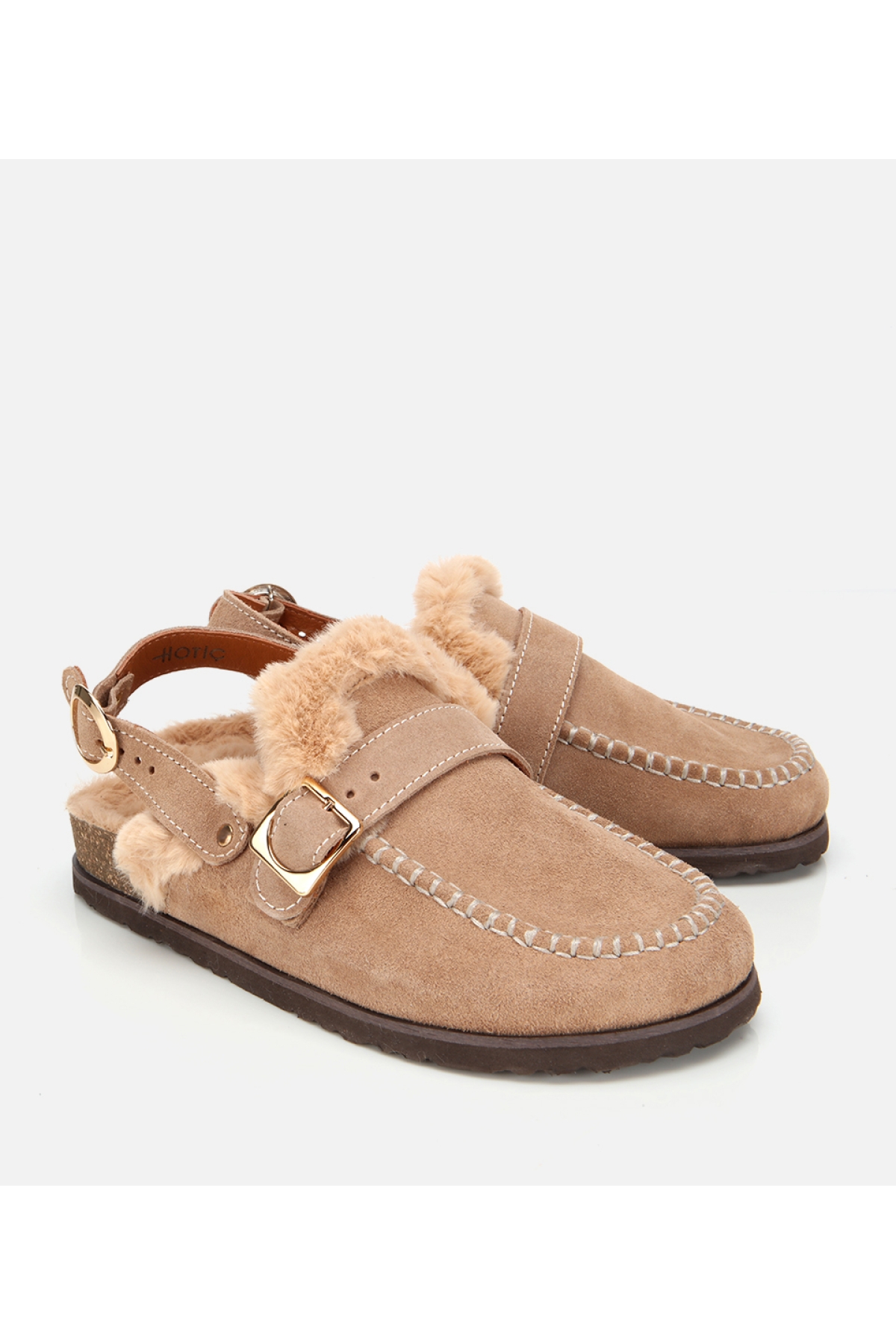 Kadın Süet Deri Bej İçi Kürklü Sabo Terlik - Görsel 2
