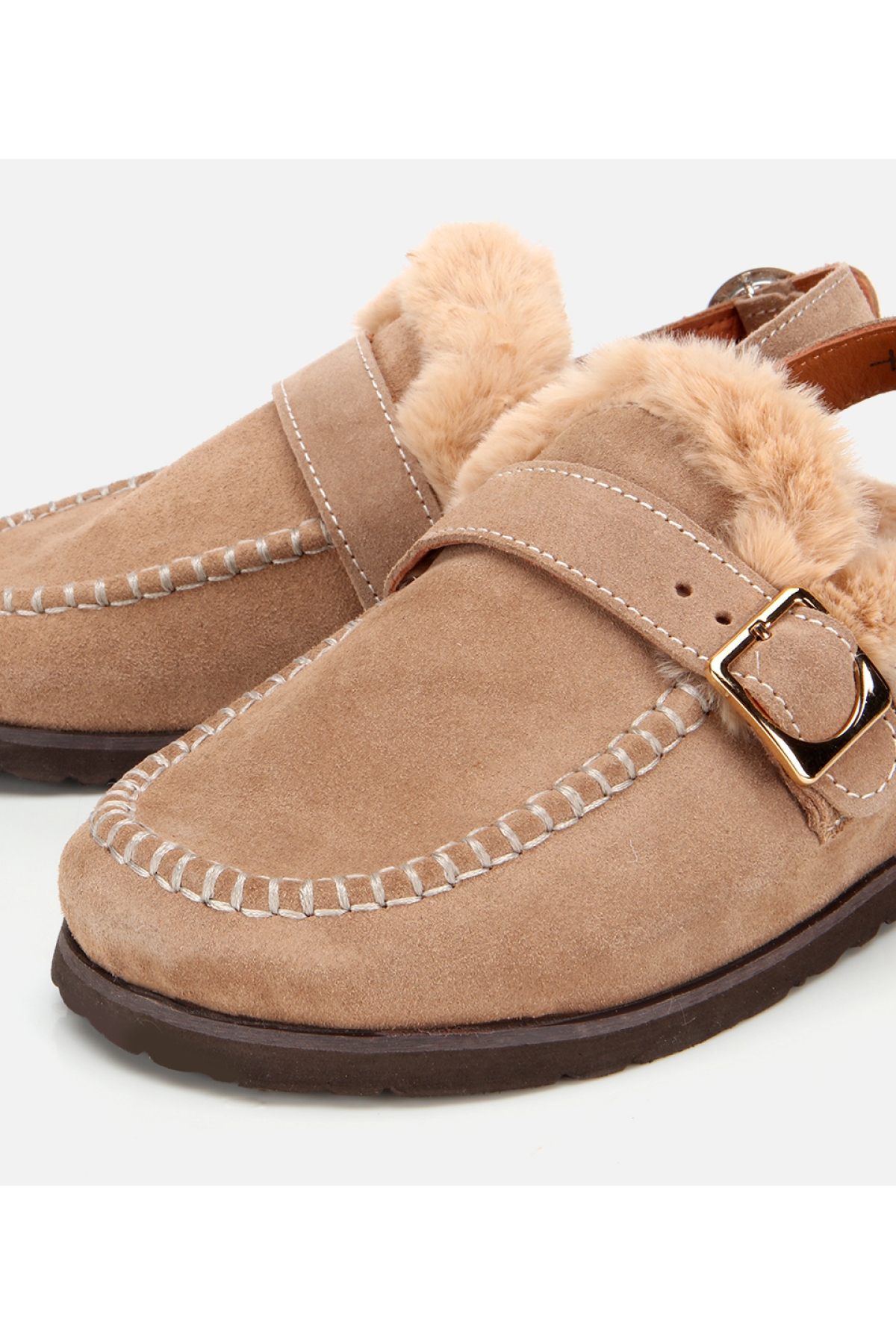Kadın Süet Deri Bej İçi Kürklü Sabo Terlik - Görsel 3