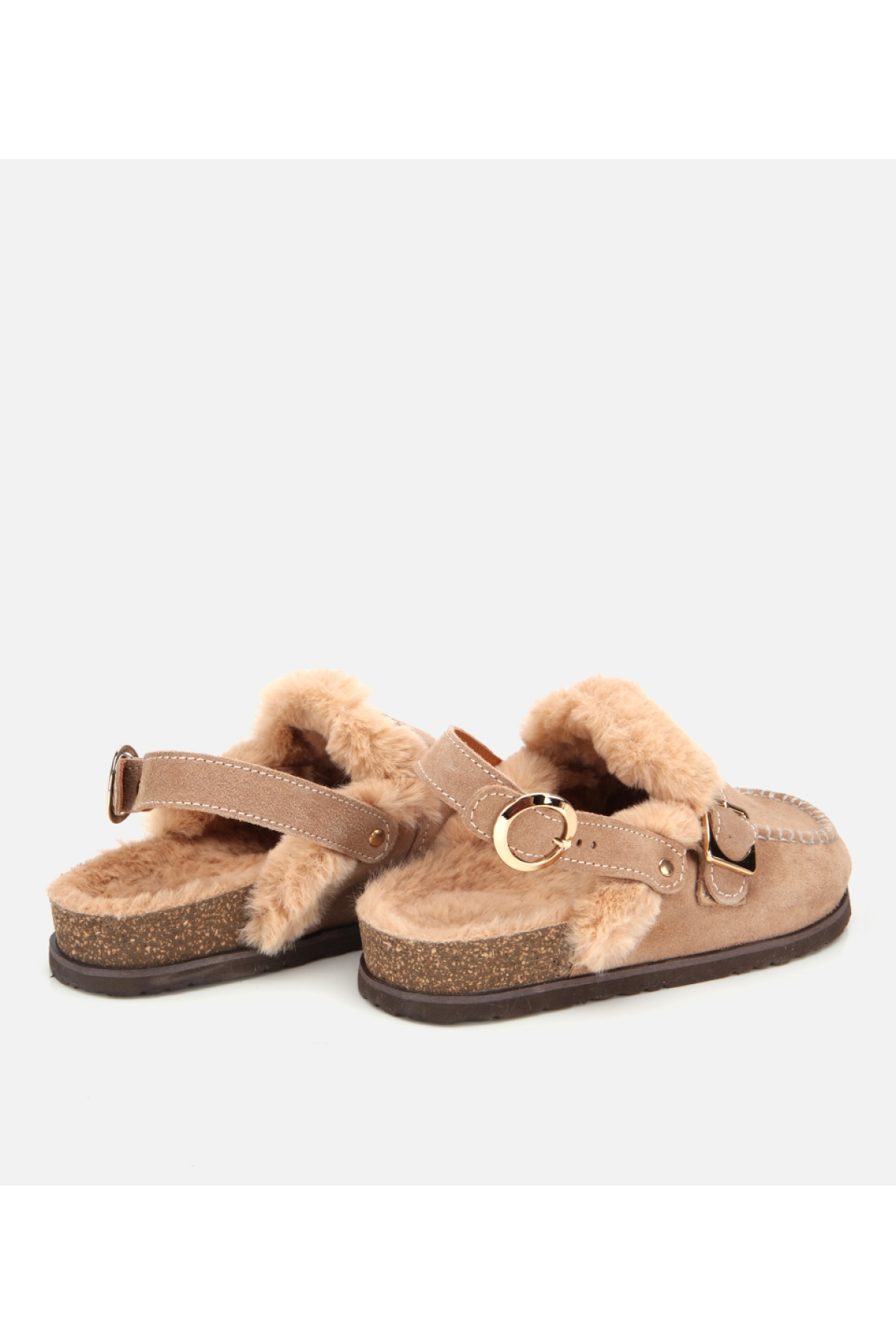Kadın Süet Deri Bej İçi Kürklü Sabo Terlik - Görsel 4