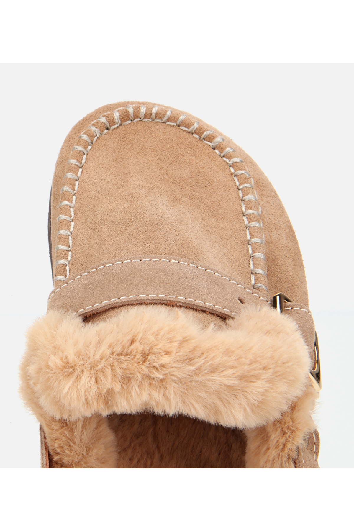 Kadın Süet Deri Bej İçi Kürklü Sabo Terlik - Görsel 5