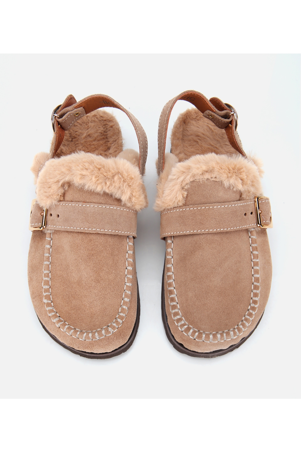 Kadın Süet Deri Bej İçi Kürklü Sabo Terlik - Görsel 6