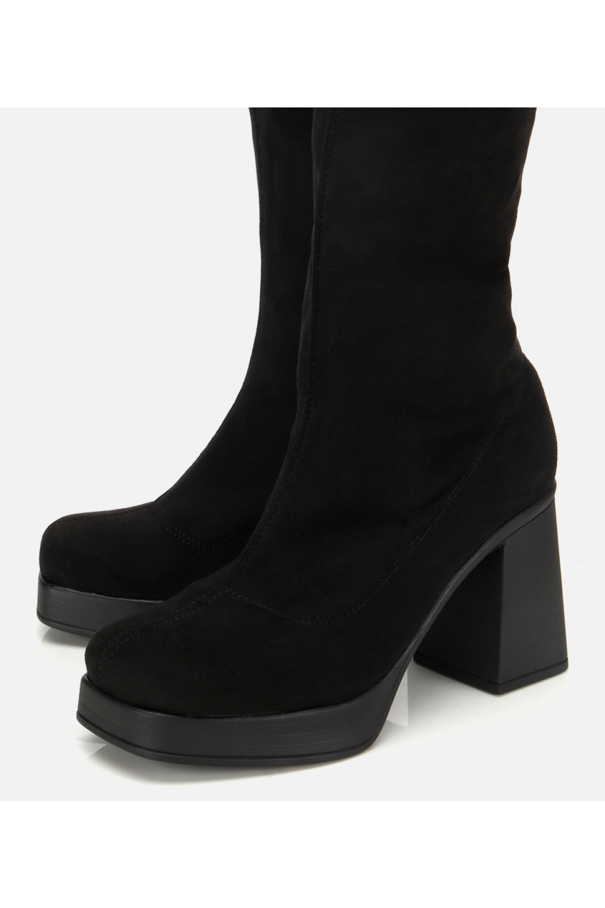 Kadın Siyah Streç Kalın Tabanlı Yüksek Topuklu Çizme - Görsel 3