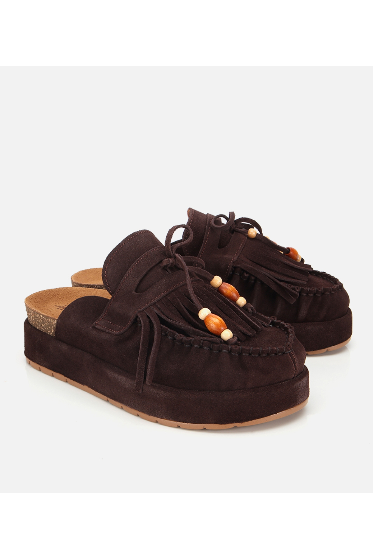 Kadın Süet Deri Kahverengi Püsküllü Kalın Tabanlı Terlik - Görsel 2