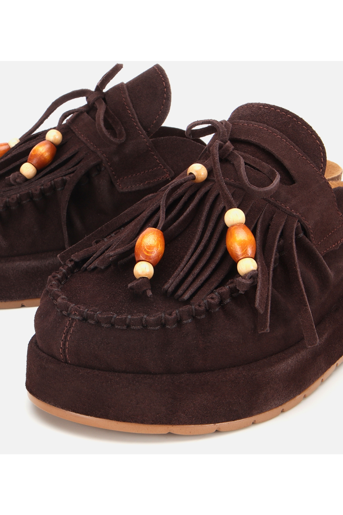 Kadın Süet Deri Kahverengi Püsküllü Kalın Tabanlı Terlik - Görsel 3